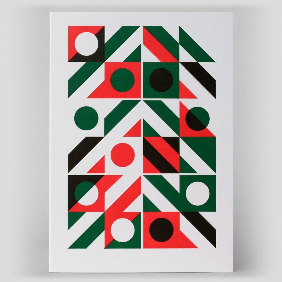 Abstract geometric letterpress art card handprinted in two colours
