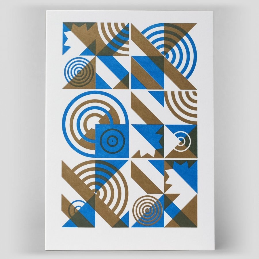 Abstract geometric letterpress art card handprinted in two colours