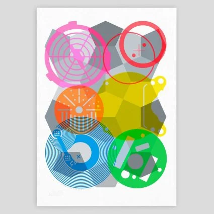 Abstract geometric art print created with an eclectic collection of post-industrial shapes in unique explosive colours
