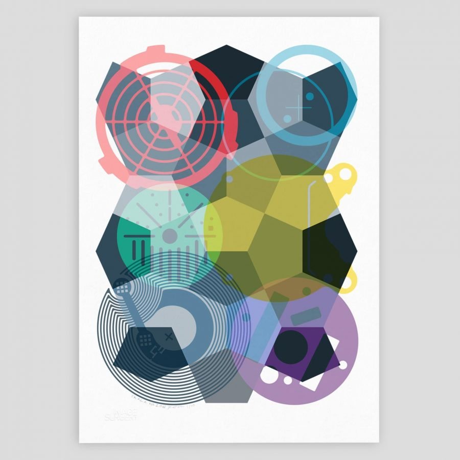 Abstract geometric art print created with an eclectic collection of post-industrial shapes in unique explosive colours
