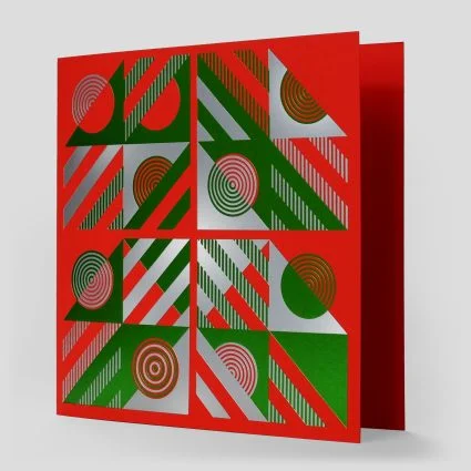 Letterpress art card hand printed in metalic green and silver on red card