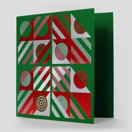 Letterpress art card hand printed in metalic red and silver on green card